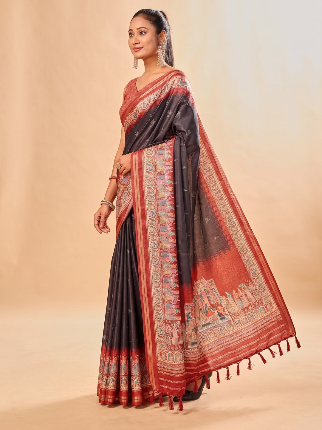 Peachmode Black Pashmina Print Soft Tussar Silk Saree - Image 5