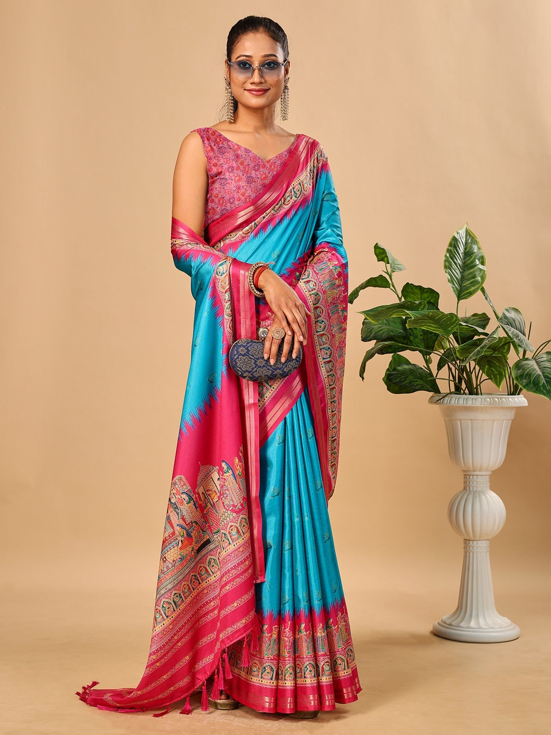 Peachmode Blue Pashmina Print Soft Tussar Silk Saree - Image 4