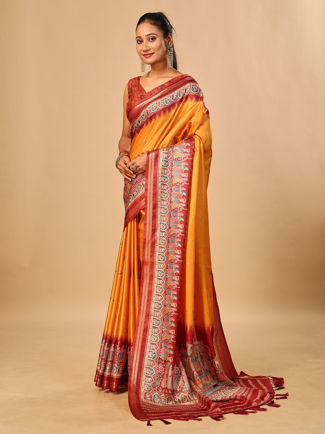 Peachmode Mustard Pashmina Print Soft Tussar Silk Saree - Image 2