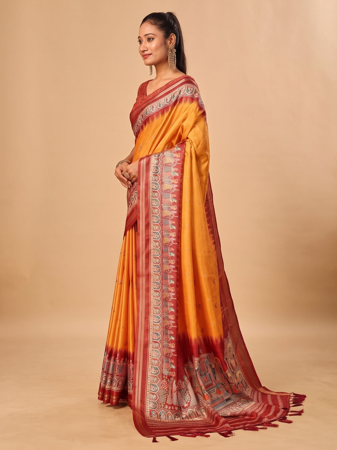 Peachmode Mustard Pashmina Print Soft Tussar Silk Saree - Image 5