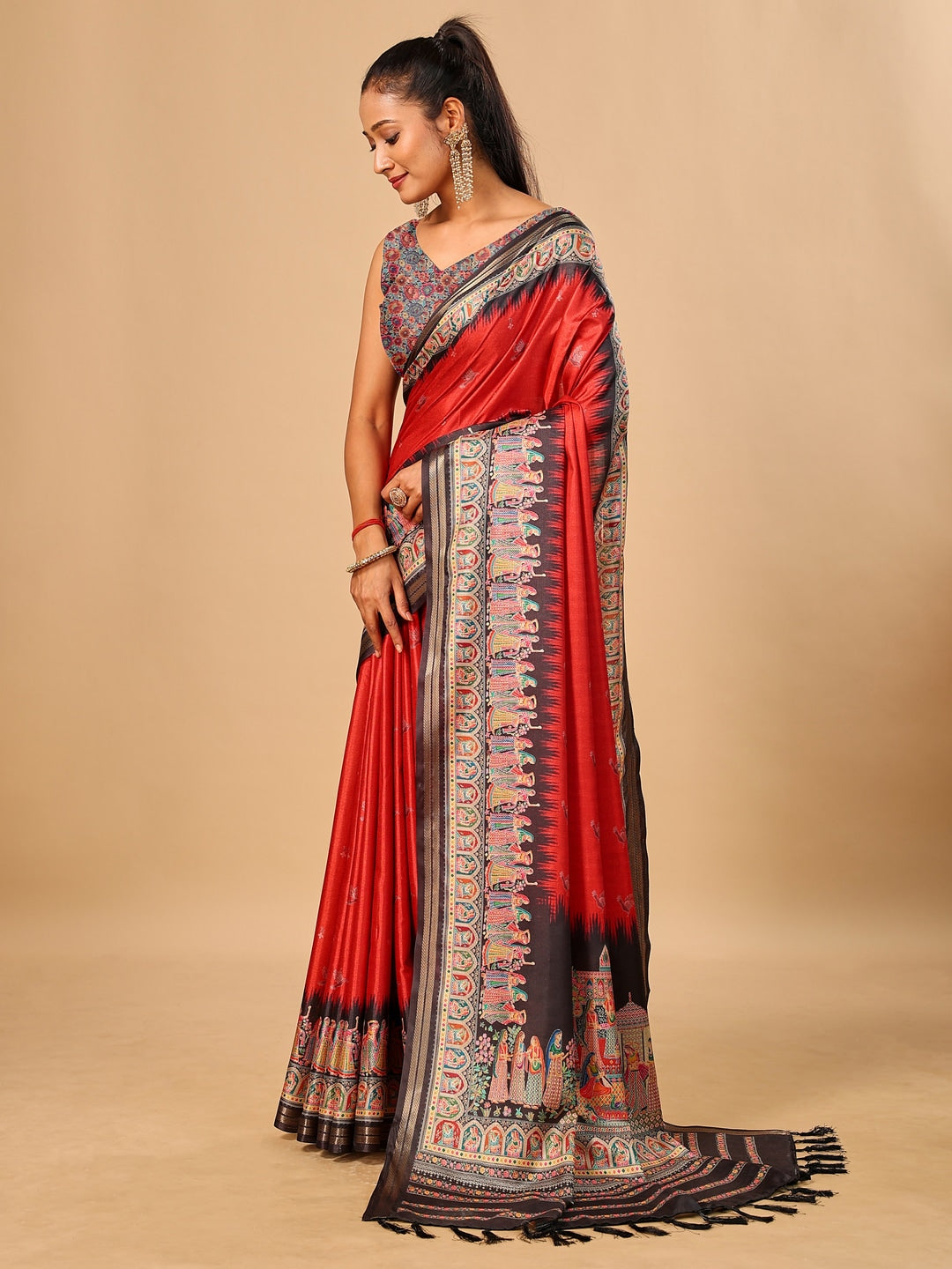 Peachmode Red Pashmina Print Soft Tussar Silk Saree - Image 2