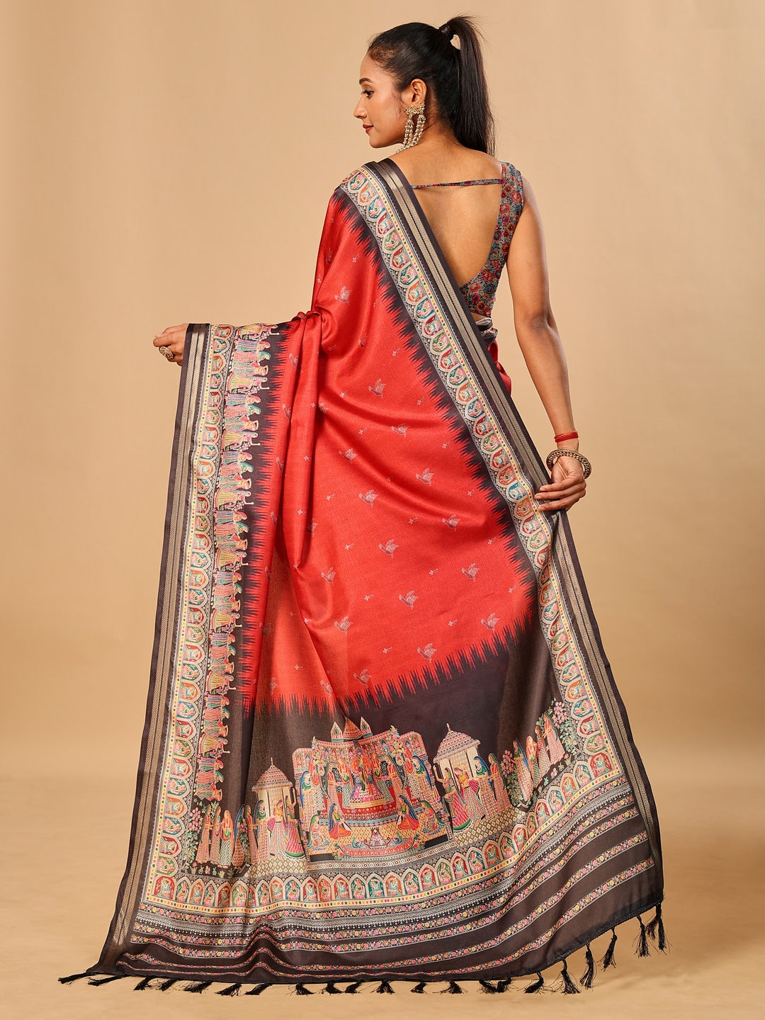 Peachmode Red Pashmina Print Soft Tussar Silk Saree - Image 3