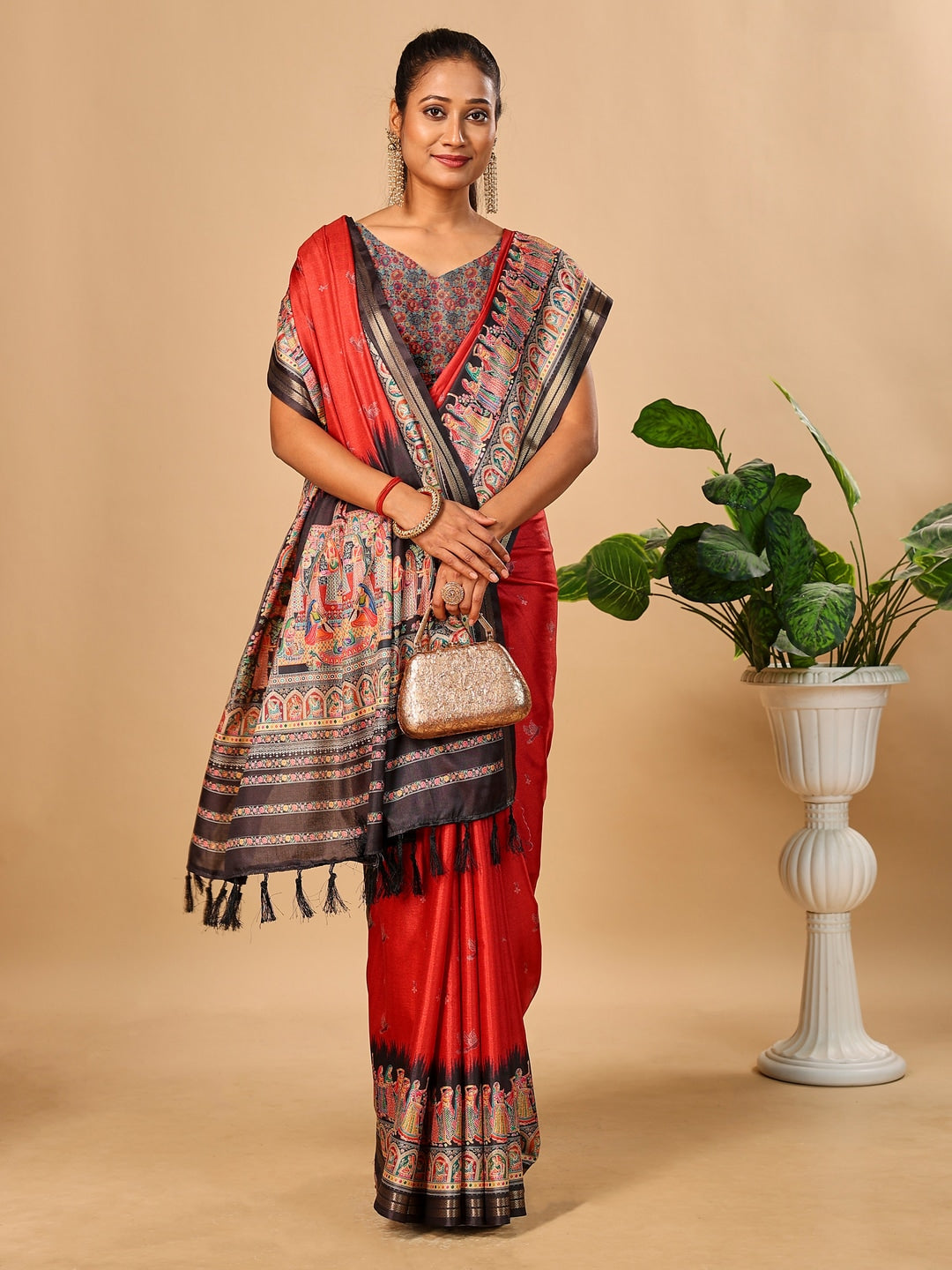 Peachmode Red Pashmina Print Soft Tussar Silk Saree - Image 4