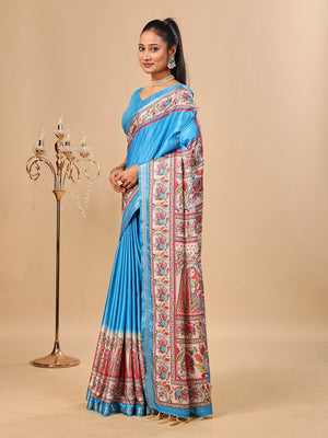 Peachmode Blue Madhubani Print Soft Tussar Silk Saree - Image 2