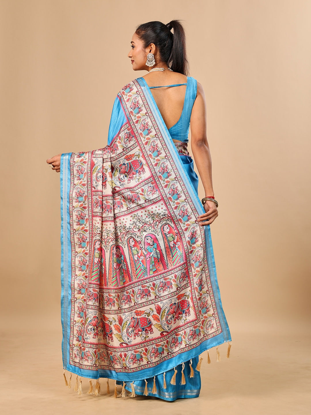 Peachmode Blue Madhubani Print Soft Tussar Silk Saree - Image 3