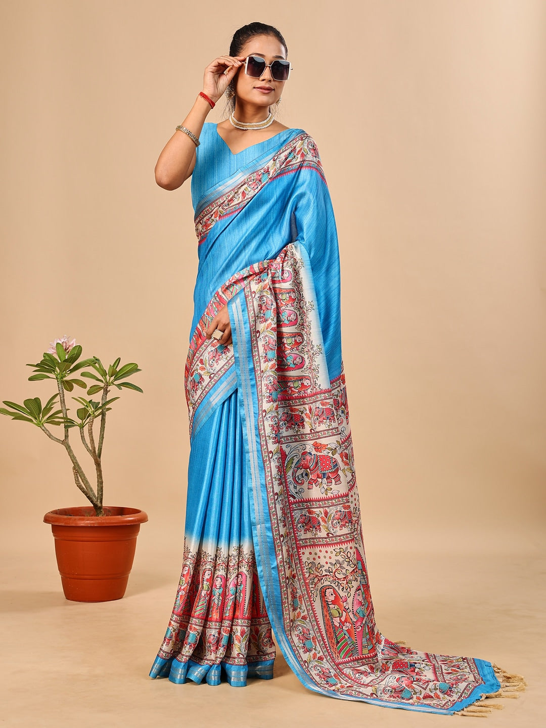 Peachmode Blue Madhubani Print Soft Tussar Silk Saree - Image 4