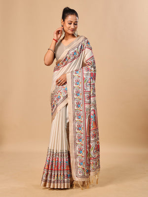 Peachmode Cream Madhubani Print Soft Tussar Silk Saree - Image 1