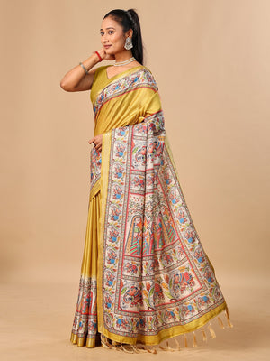 Peachmode Mustard Madhubani Print Soft Tussar Silk Saree - Image 2