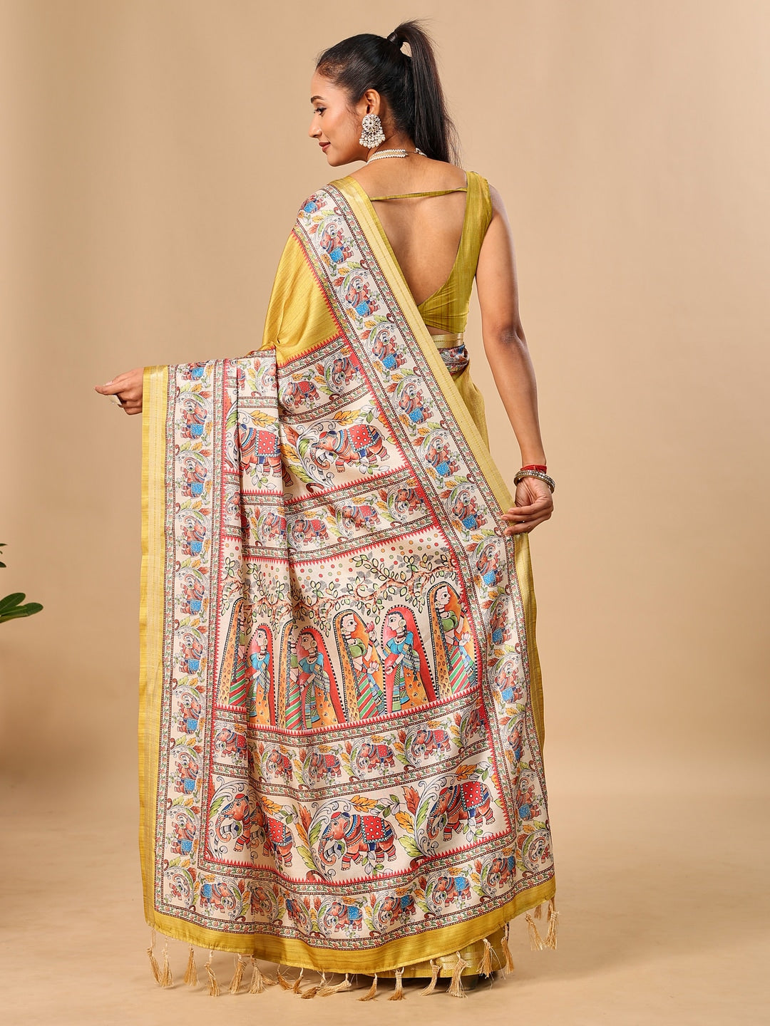 Peachmode Mustard Madhubani Print Soft Tussar Silk Saree - Image 3