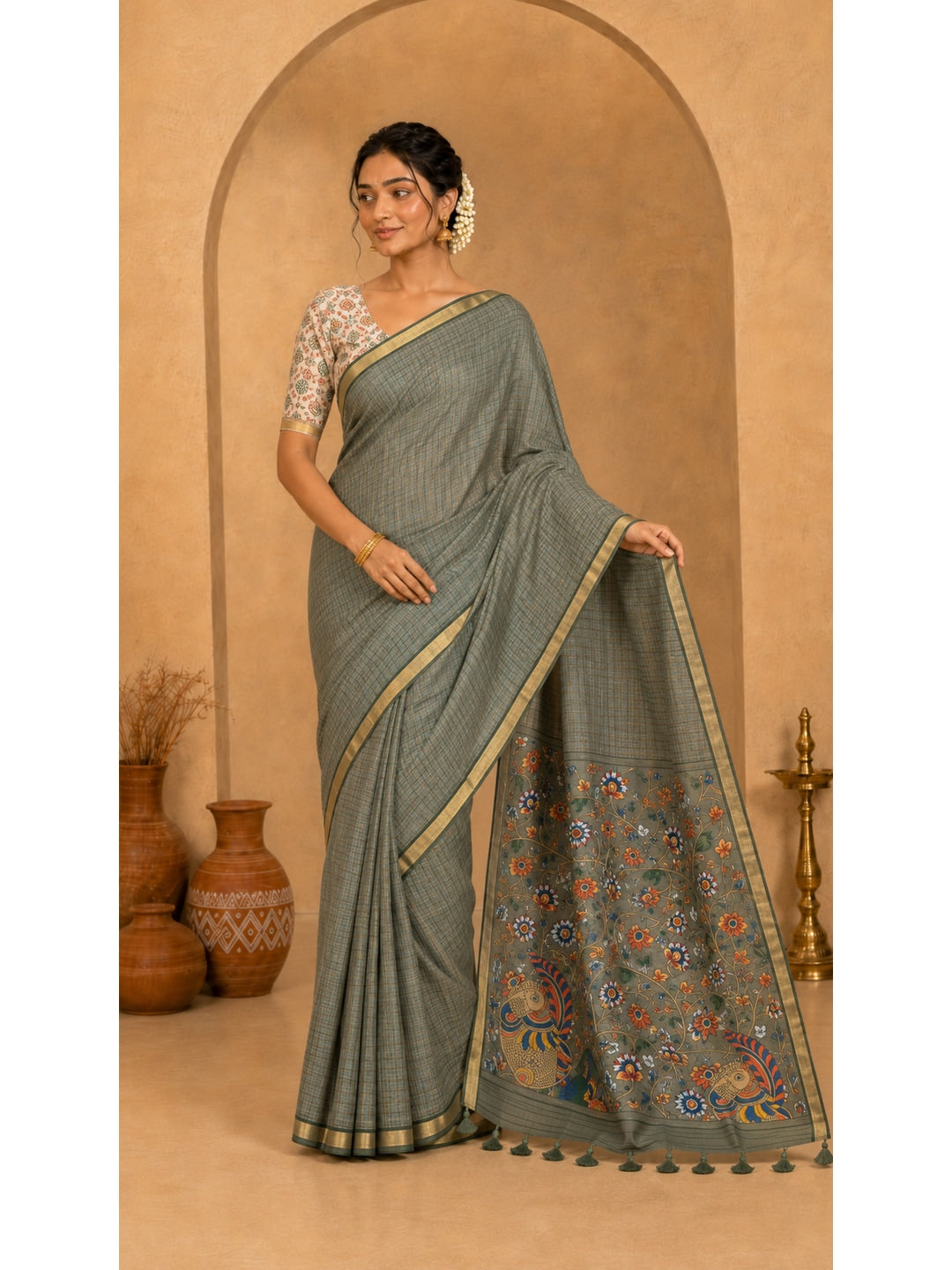 Peachmode Grey Digital Printed Linen Cotton Saree - Image 2