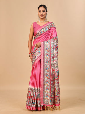 Peachmode Pink Madhubani Print Soft Tussar Silk Saree - Image 1