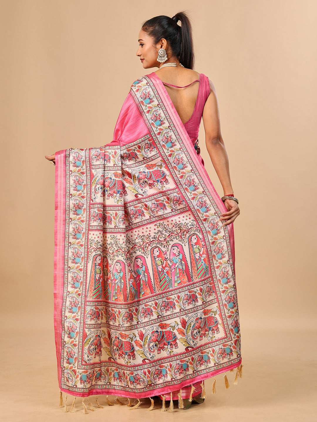 Peachmode Pink Madhubani Print Soft Tussar Silk Saree - Image 3