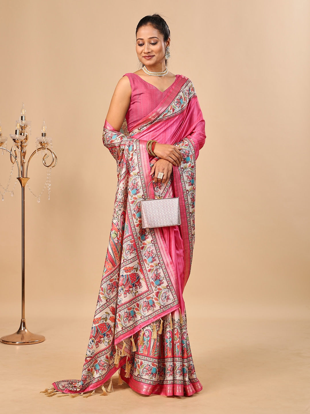 Peachmode Pink Madhubani Print Soft Tussar Silk Saree - Image 4