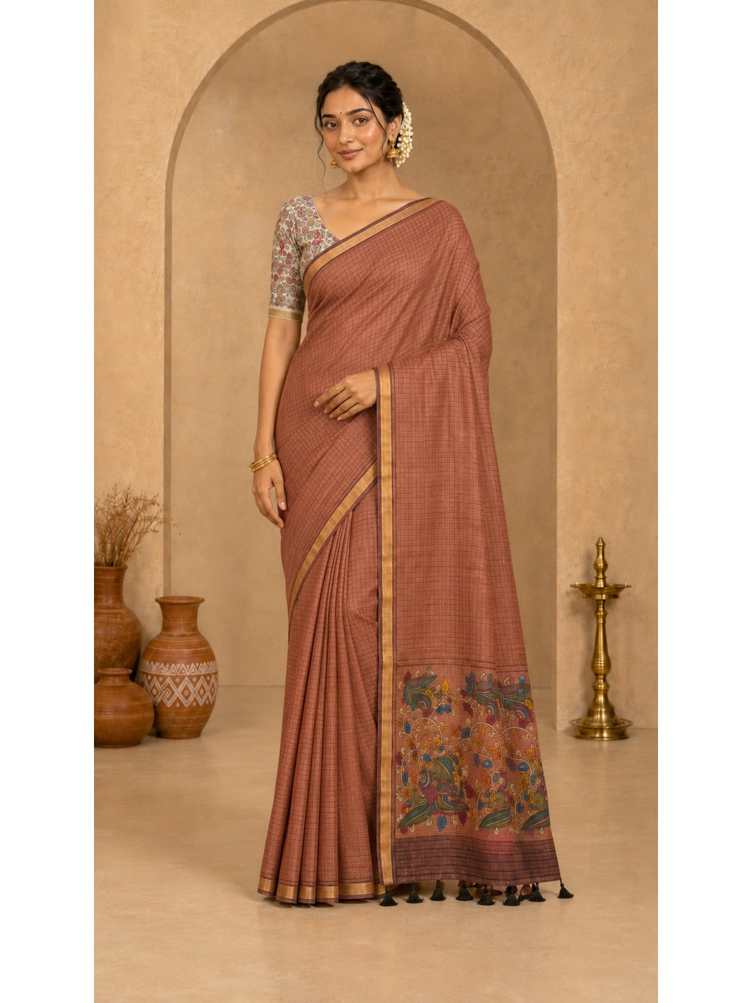 Peachmode Peach Digital Printed Linen Cotton Saree - Image 1