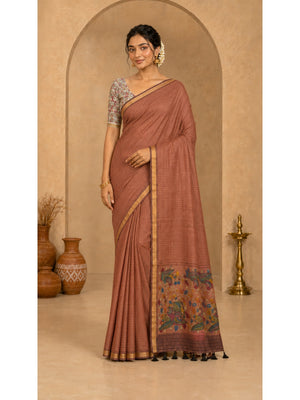 Peachmode Peach Digital Printed Linen Cotton Saree - Image 1