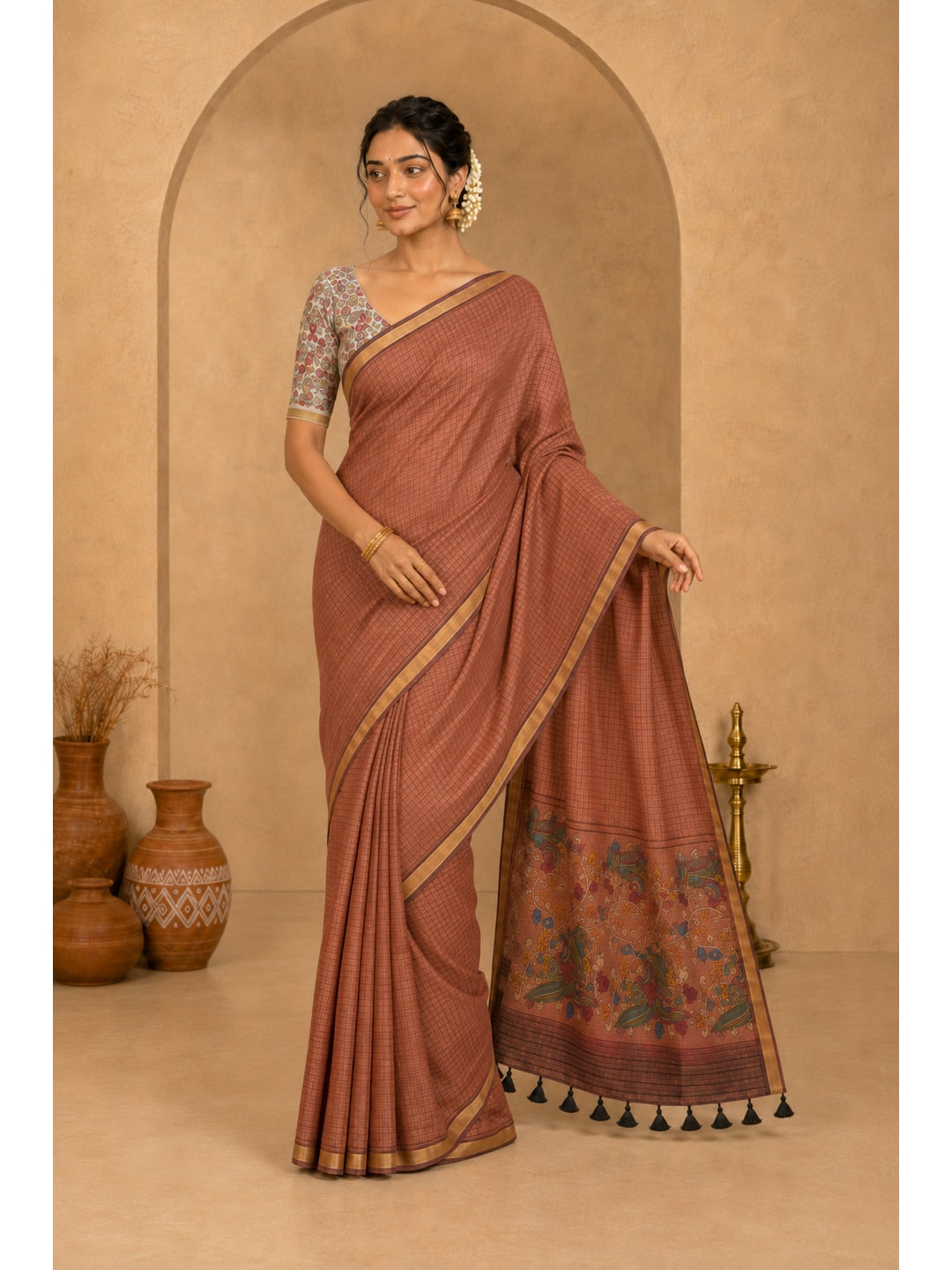 Peachmode Peach Digital Printed Linen Cotton Saree - Image 2