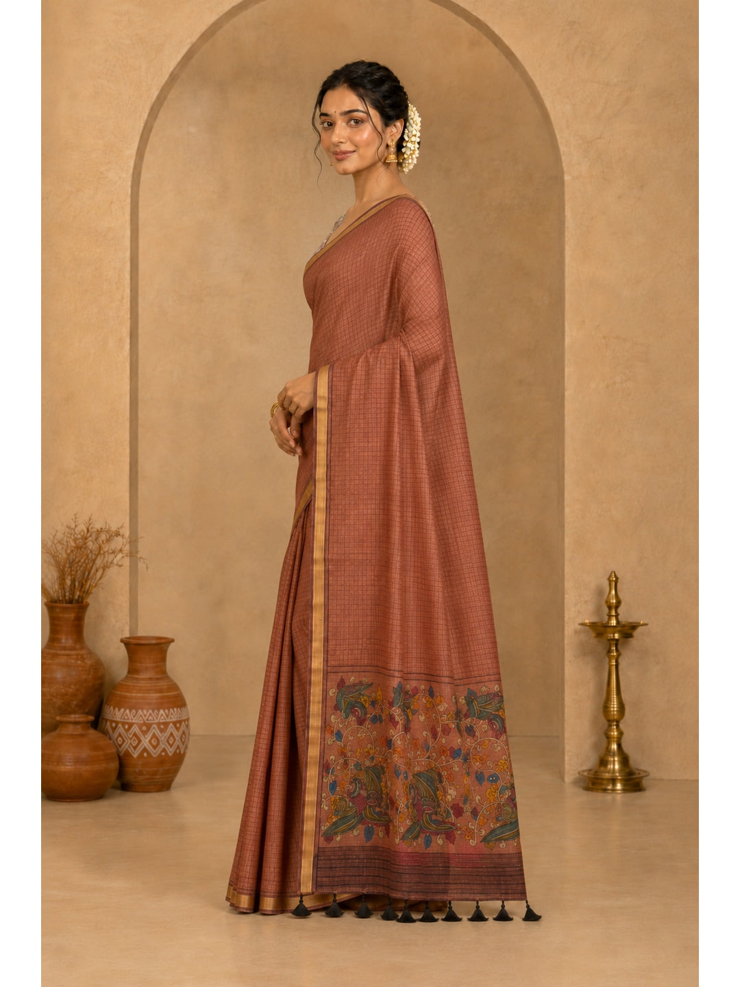 Peachmode Peach Digital Printed Linen Cotton Saree - Image 3