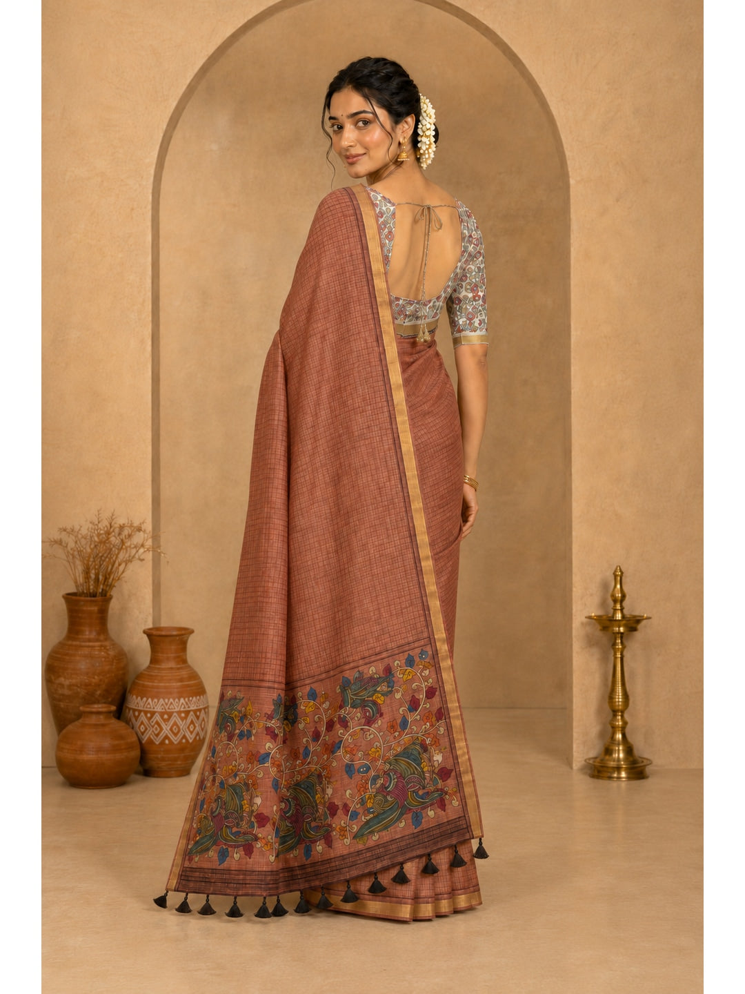 Peachmode Peach Digital Printed Linen Cotton Saree - Image 4