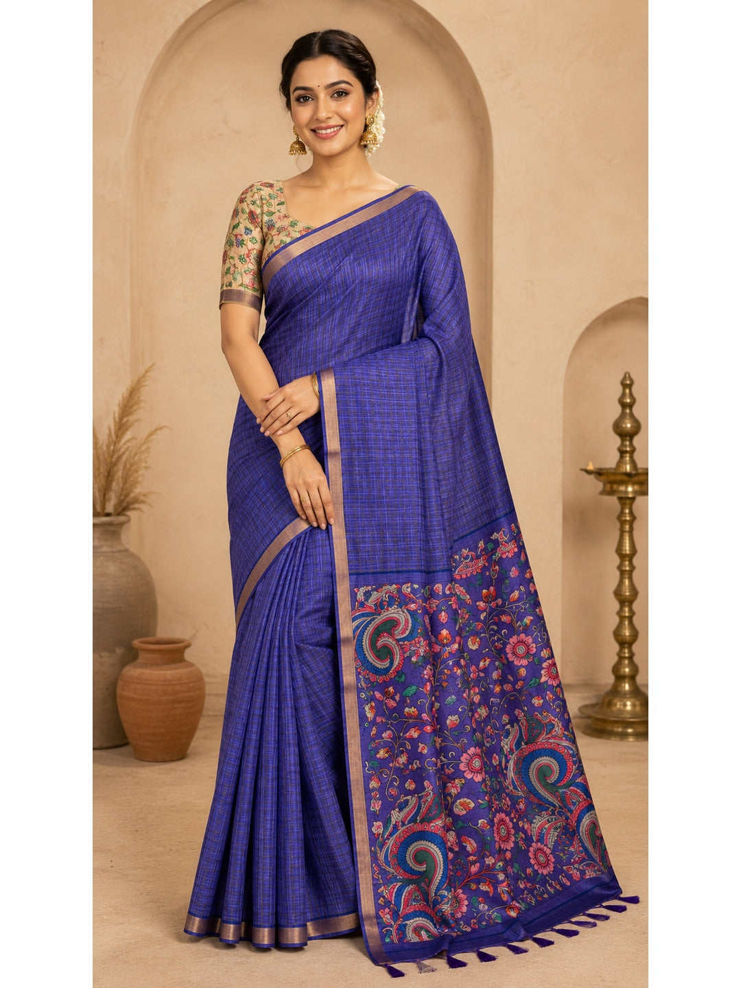 Peachmode Purple Digital Printed Linen Cotton Saree - Image 1