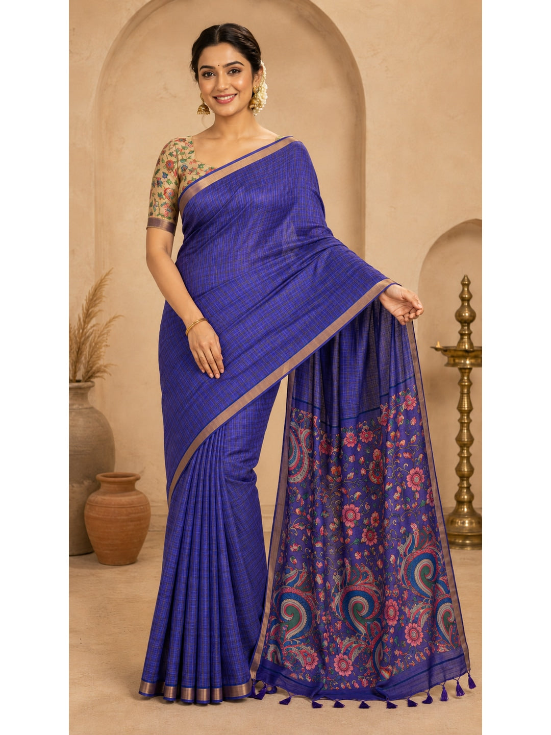Peachmode Purple Digital Printed Linen Cotton Saree - Image 2
