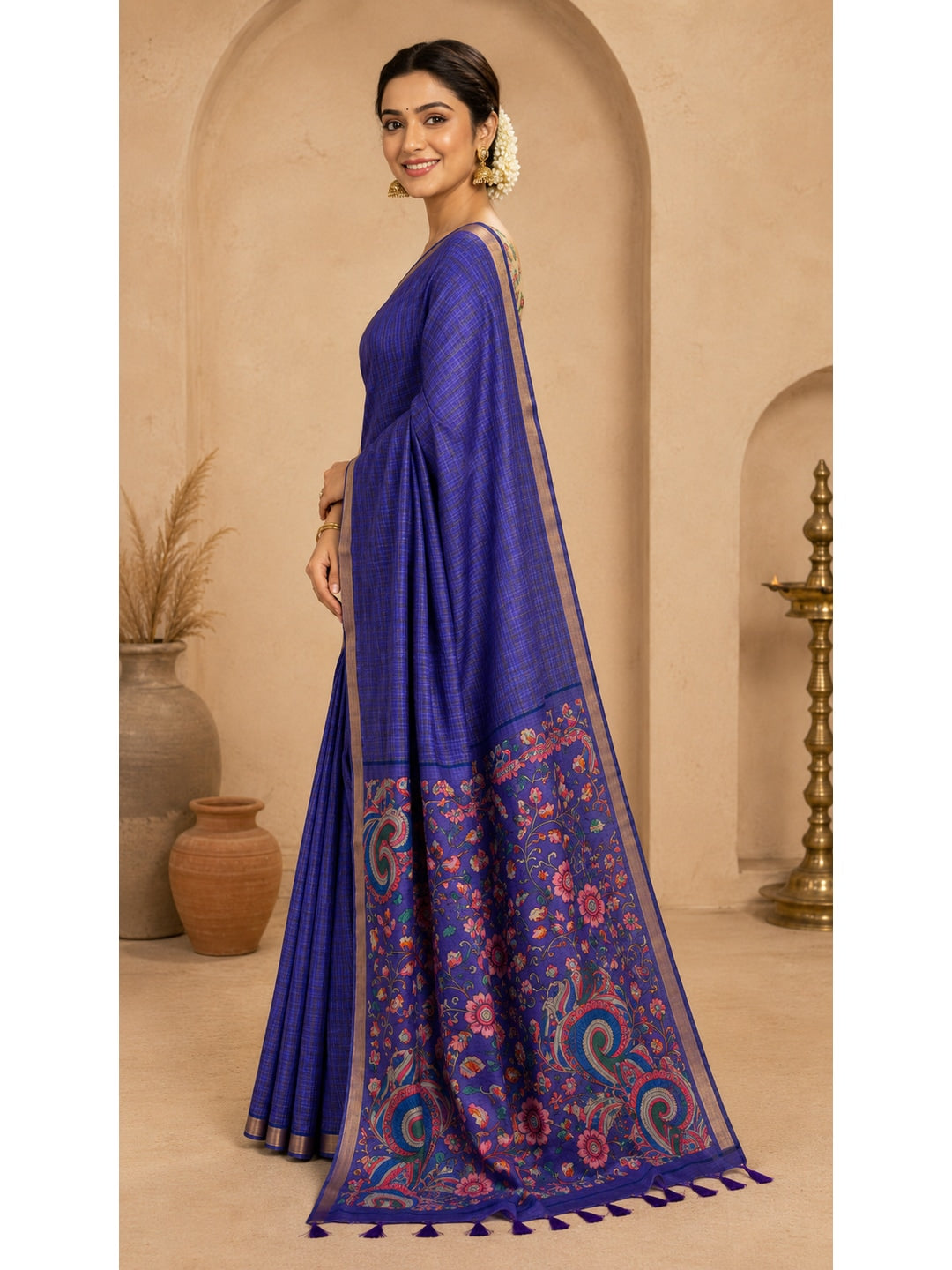 Peachmode Purple Digital Printed Linen Cotton Saree - Image 3