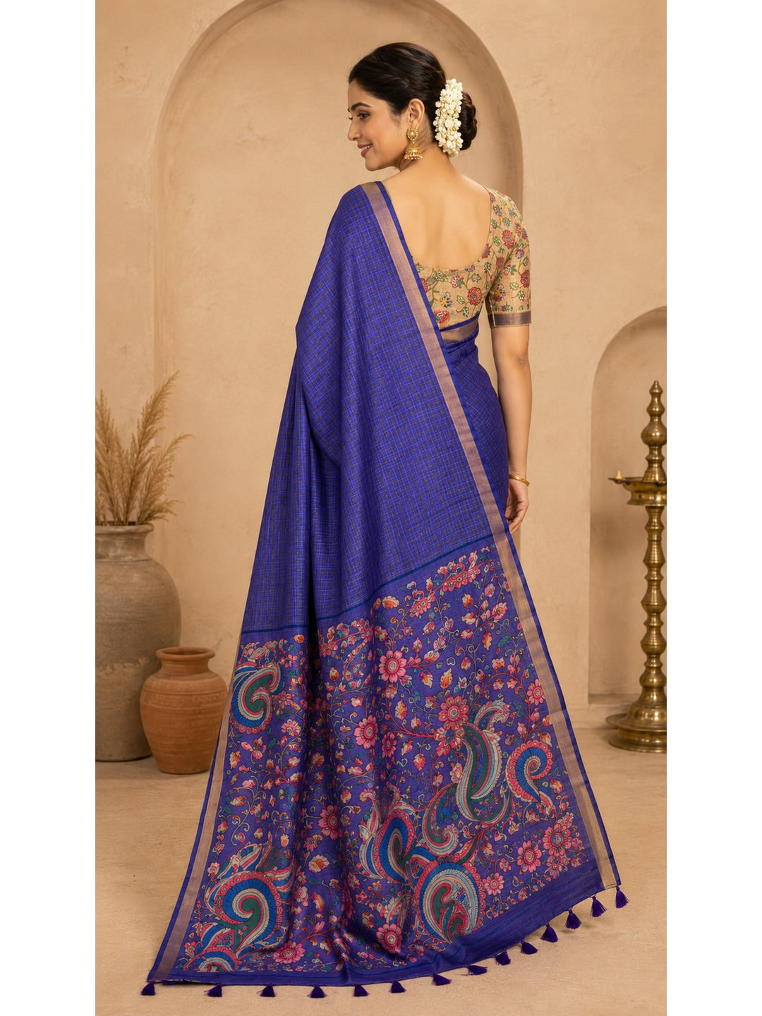 Peachmode Purple Digital Printed Linen Cotton Saree - Image 4