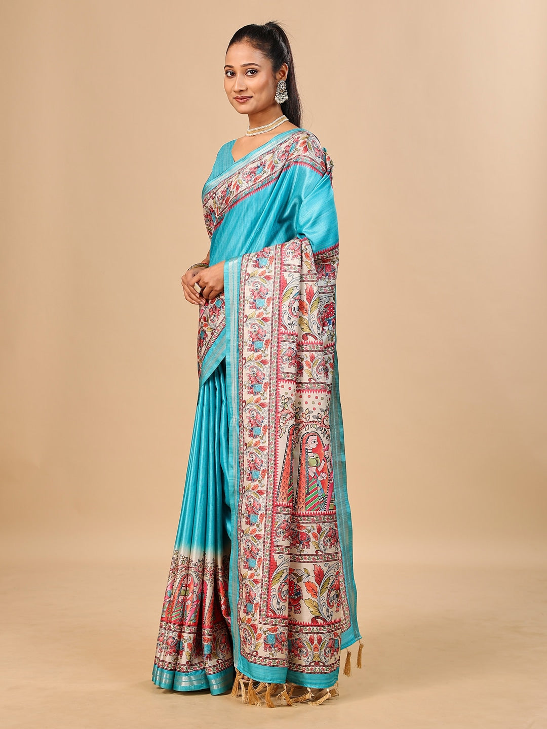 Peachmode Rama Green Madhubani Print Soft Tussar Silk Saree - Image 2