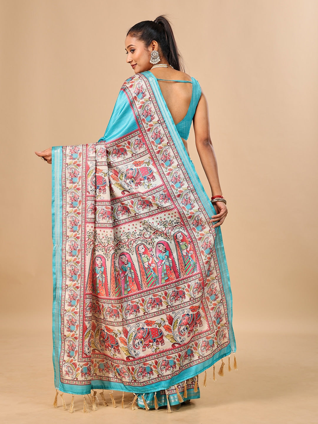 Peachmode Rama Green Madhubani Print Soft Tussar Silk Saree - Image 3