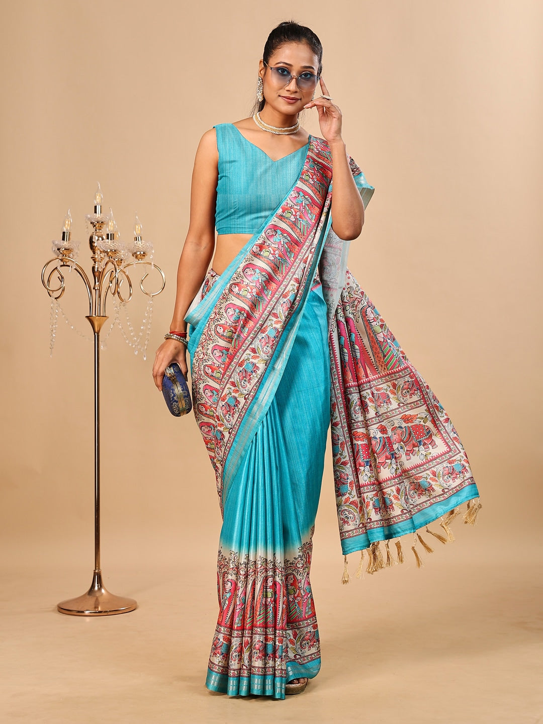 Peachmode Rama Green Madhubani Print Soft Tussar Silk Saree - Image 4