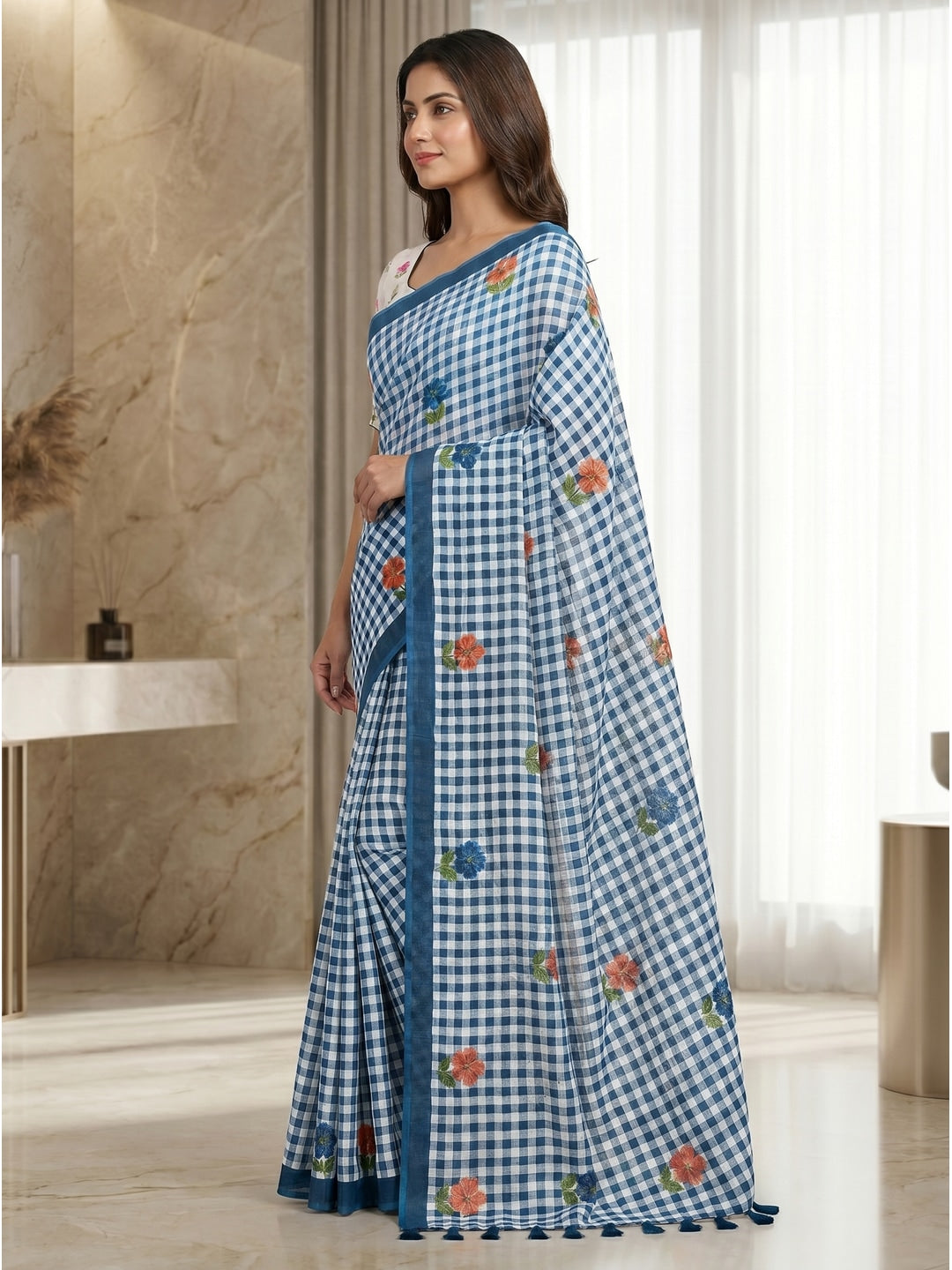 Peachmode Blue Checked Floral Linen Cotton Saree - Image 3