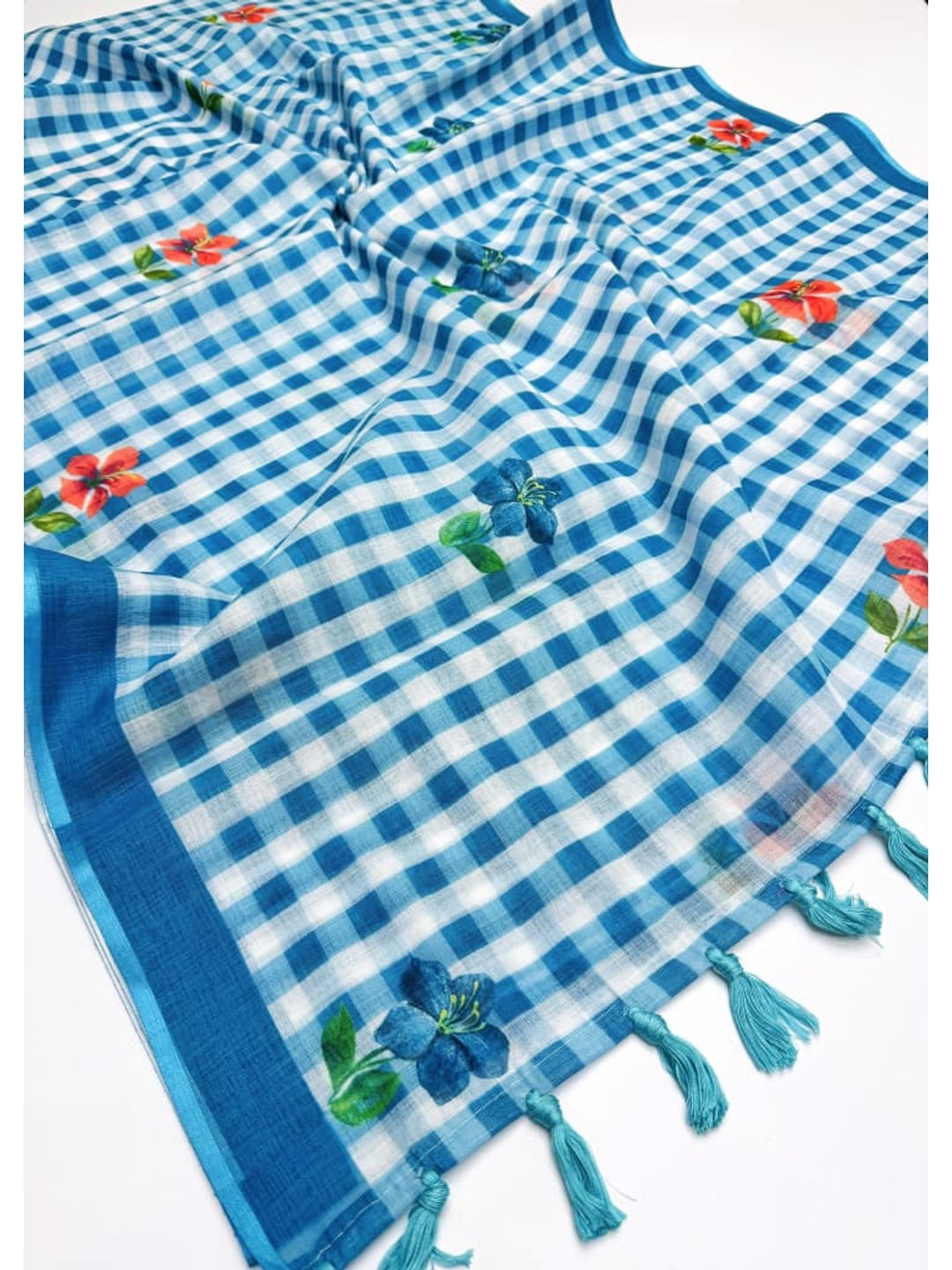 Peachmode Blue Checked Floral Linen Cotton Saree - Image 5