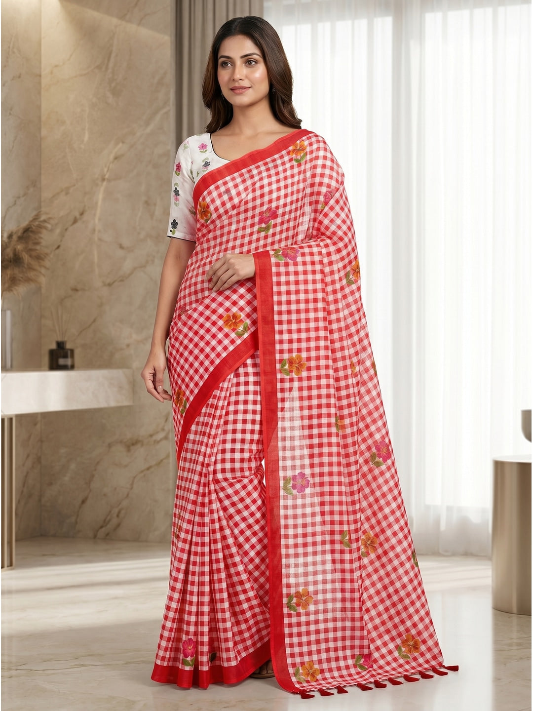 Peachmode Red Checked Floral Linen Cotton Saree - Image 1