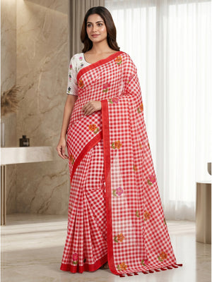 Peachmode Red Checked Floral Linen Cotton Saree - Image 1