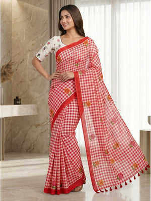 Peachmode Red Checked Floral Linen Cotton Saree - Image 2