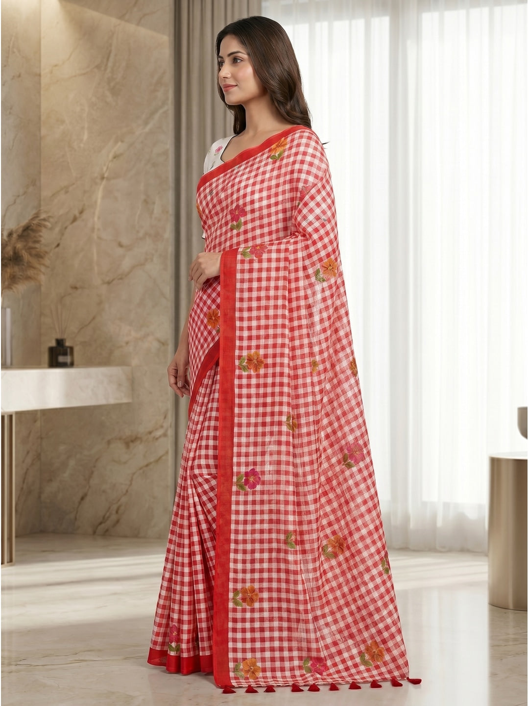 Peachmode Red Checked Floral Linen Cotton Saree - Image 3