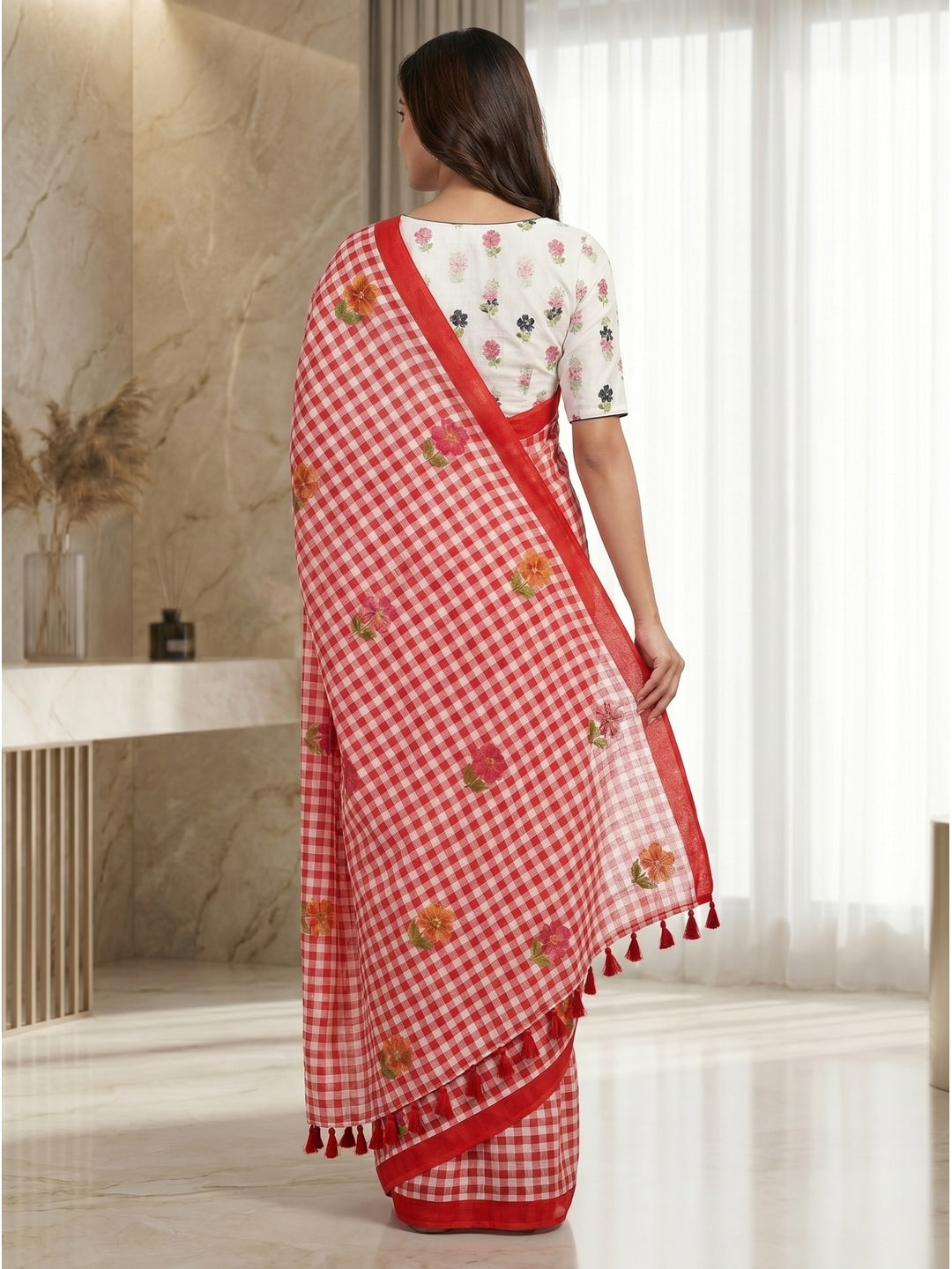 Peachmode Red Checked Floral Linen Cotton Saree - Image 4