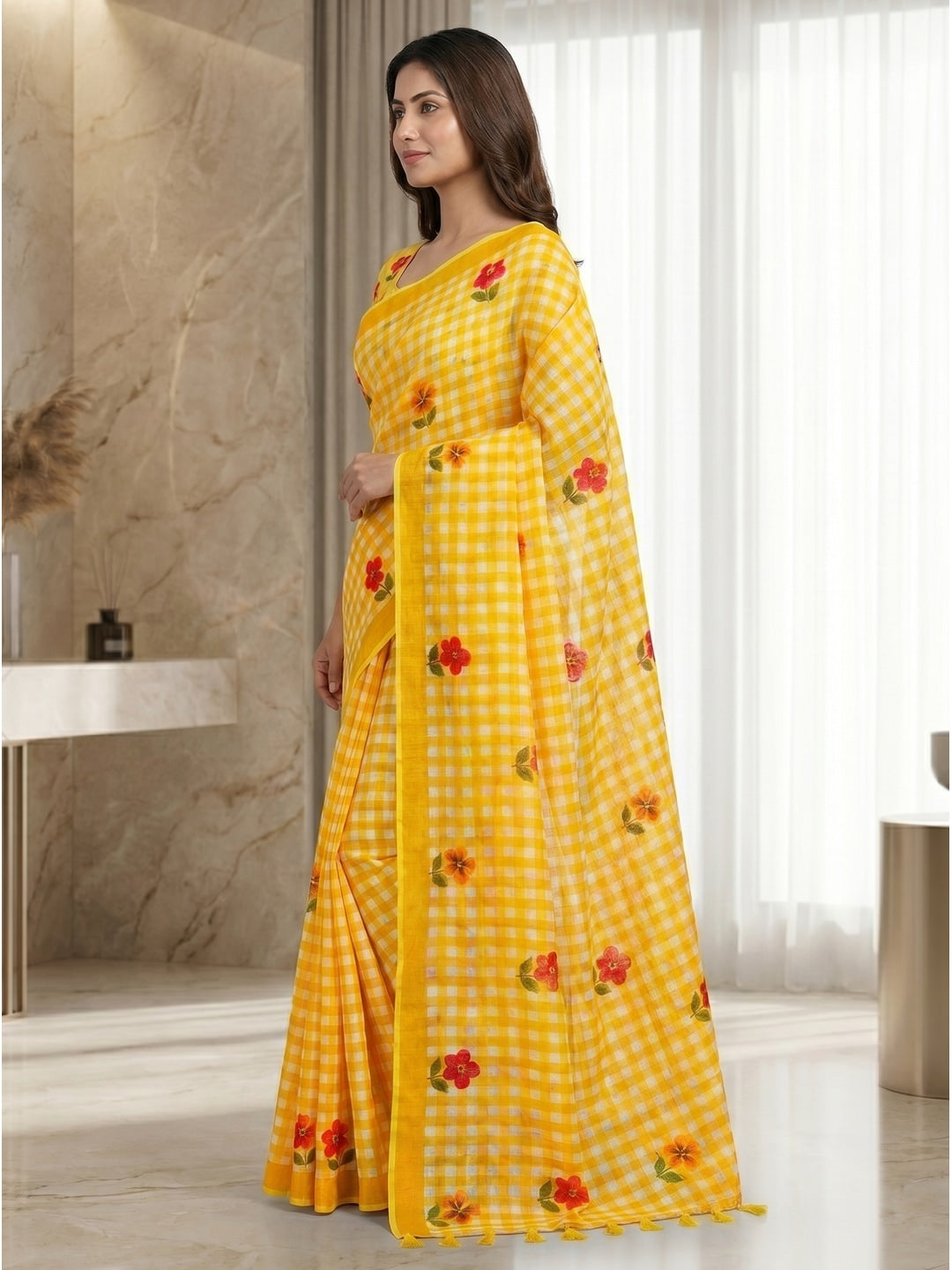 Peachmode Yellow Checked Floral Linen Cotton Saree - Image 3