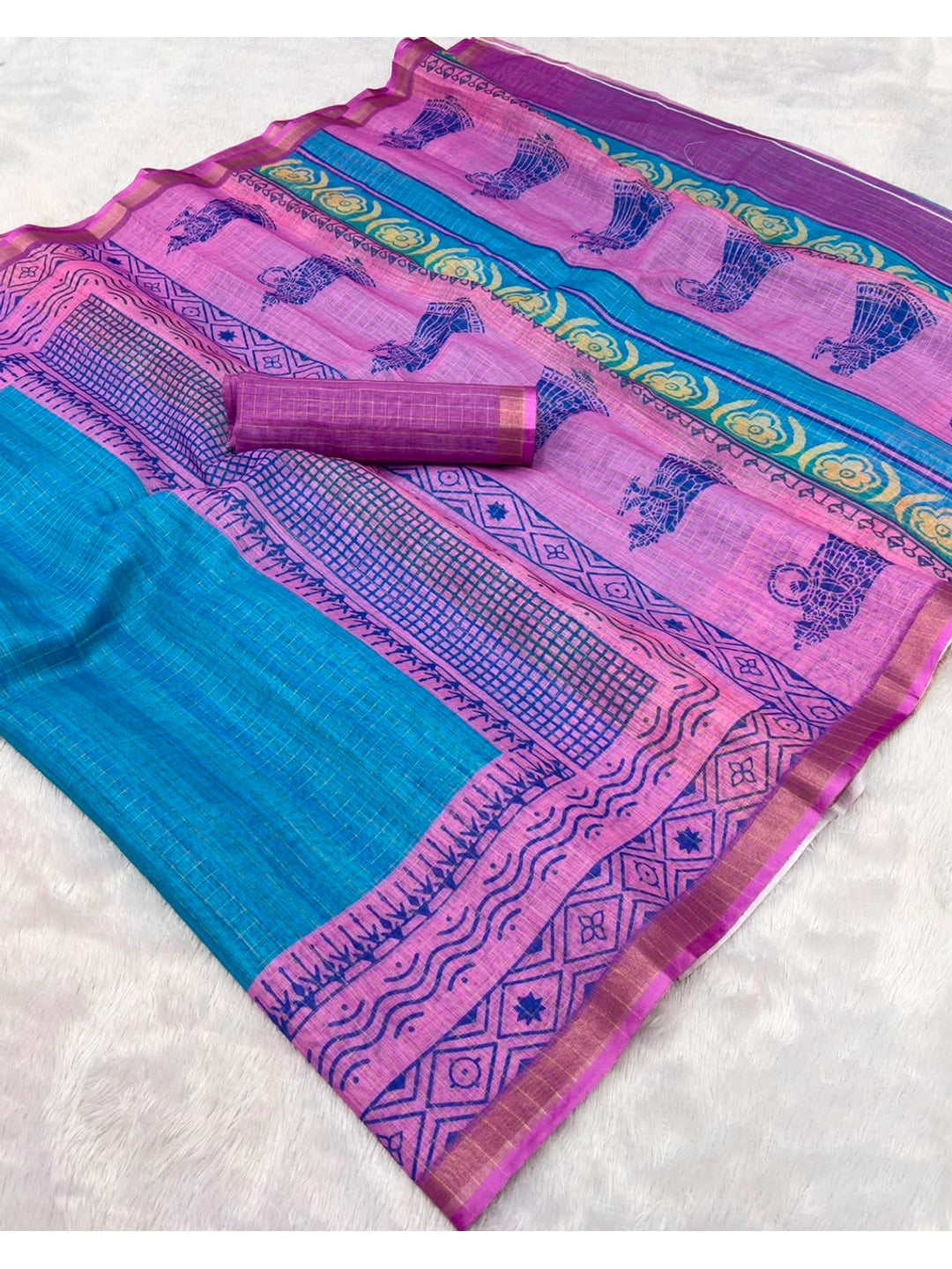 Peachmode Blue Fancy Digital Printed Linen Cotton Saree - Image 5