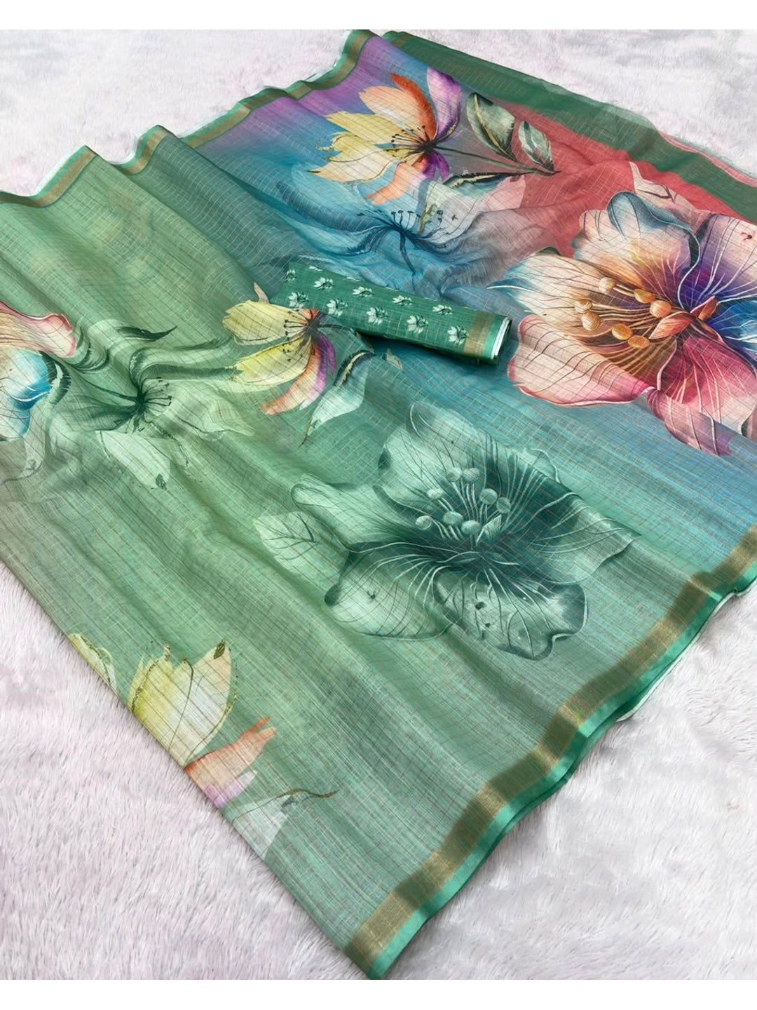 Peachmode Mint Green Floral Printed Linen Cotton Saree - Image 5