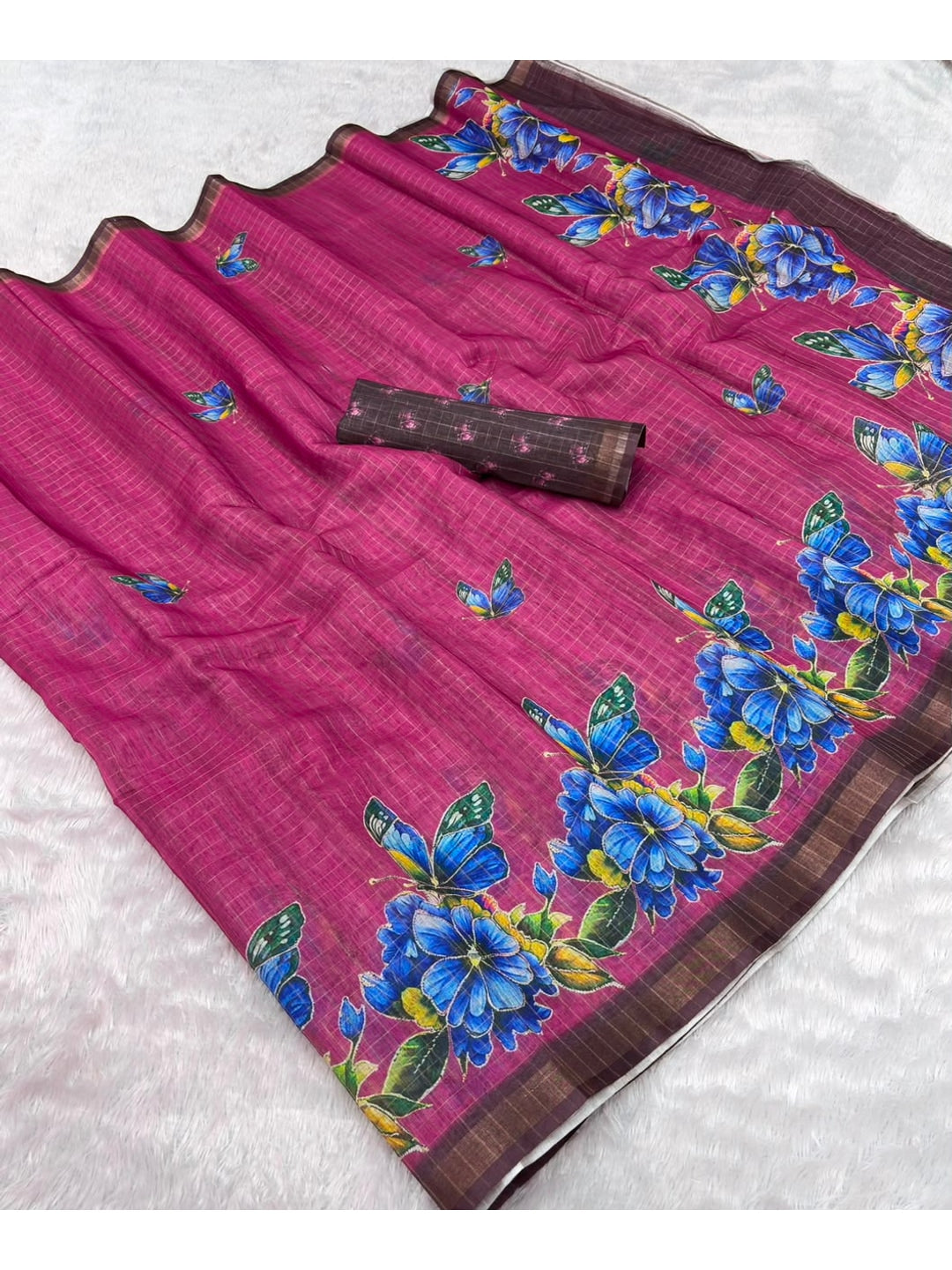 Peachmode Wine Floral Printed Linen Cotton Saree - Image 5