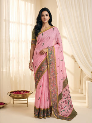 Peachmode Pink Peacock Printed Linen Cotton Saree - Image 1