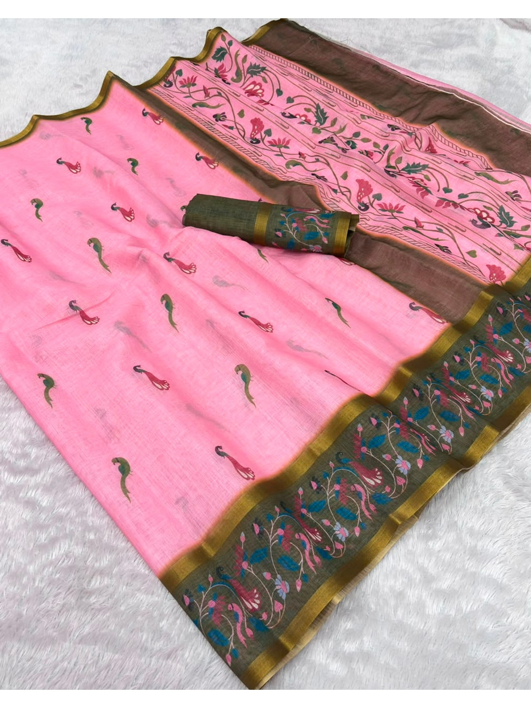 Peachmode Pink Peacock Printed Linen Cotton Saree - Image 5
