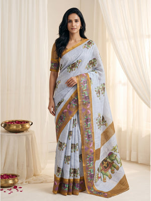 Peachmode Light Blue Elephant Printed Linen Cotton Saree - Image 1