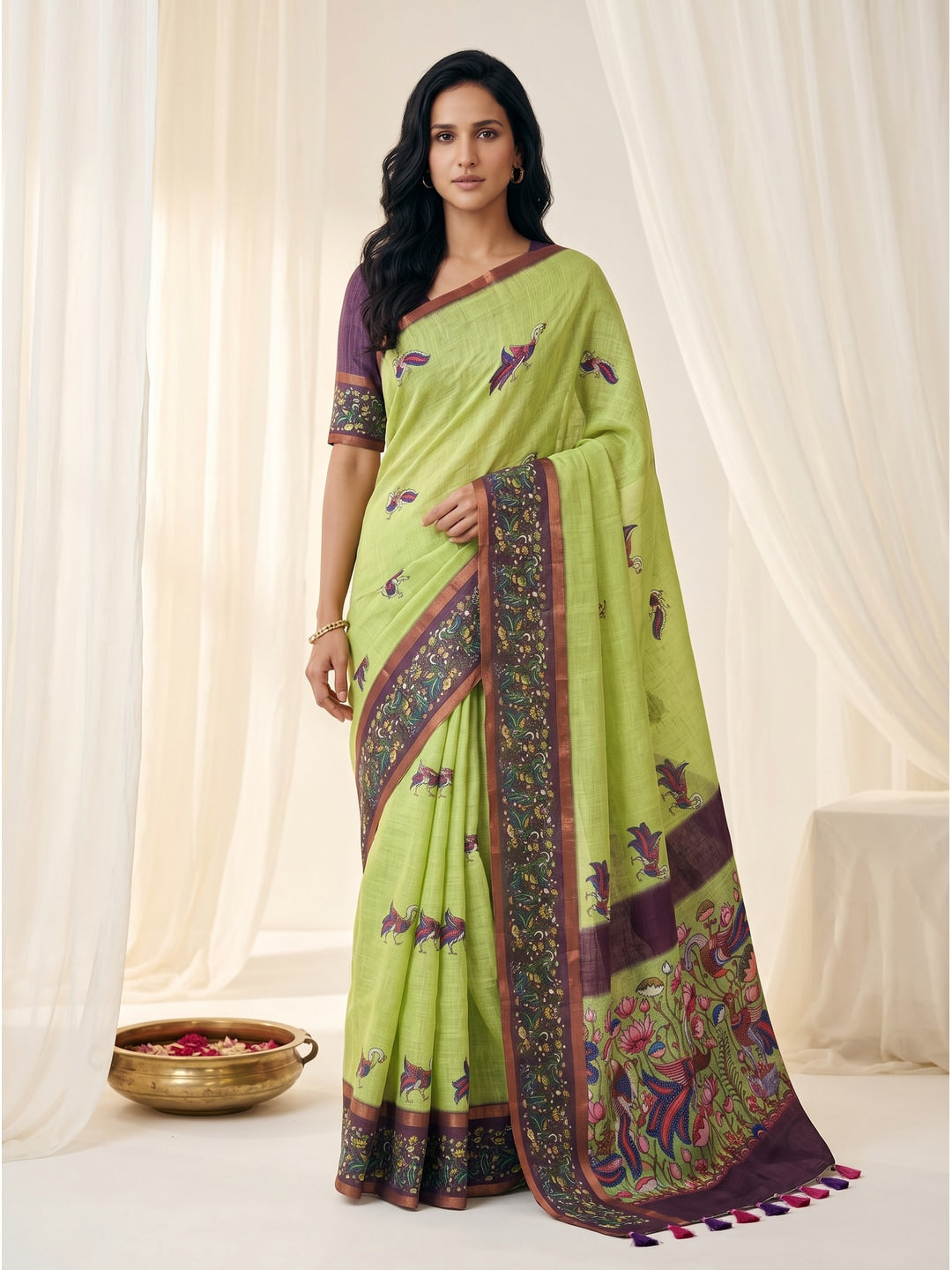 Peachmode Lime Green Peacock Printed Linen Cotton Saree - Image 1