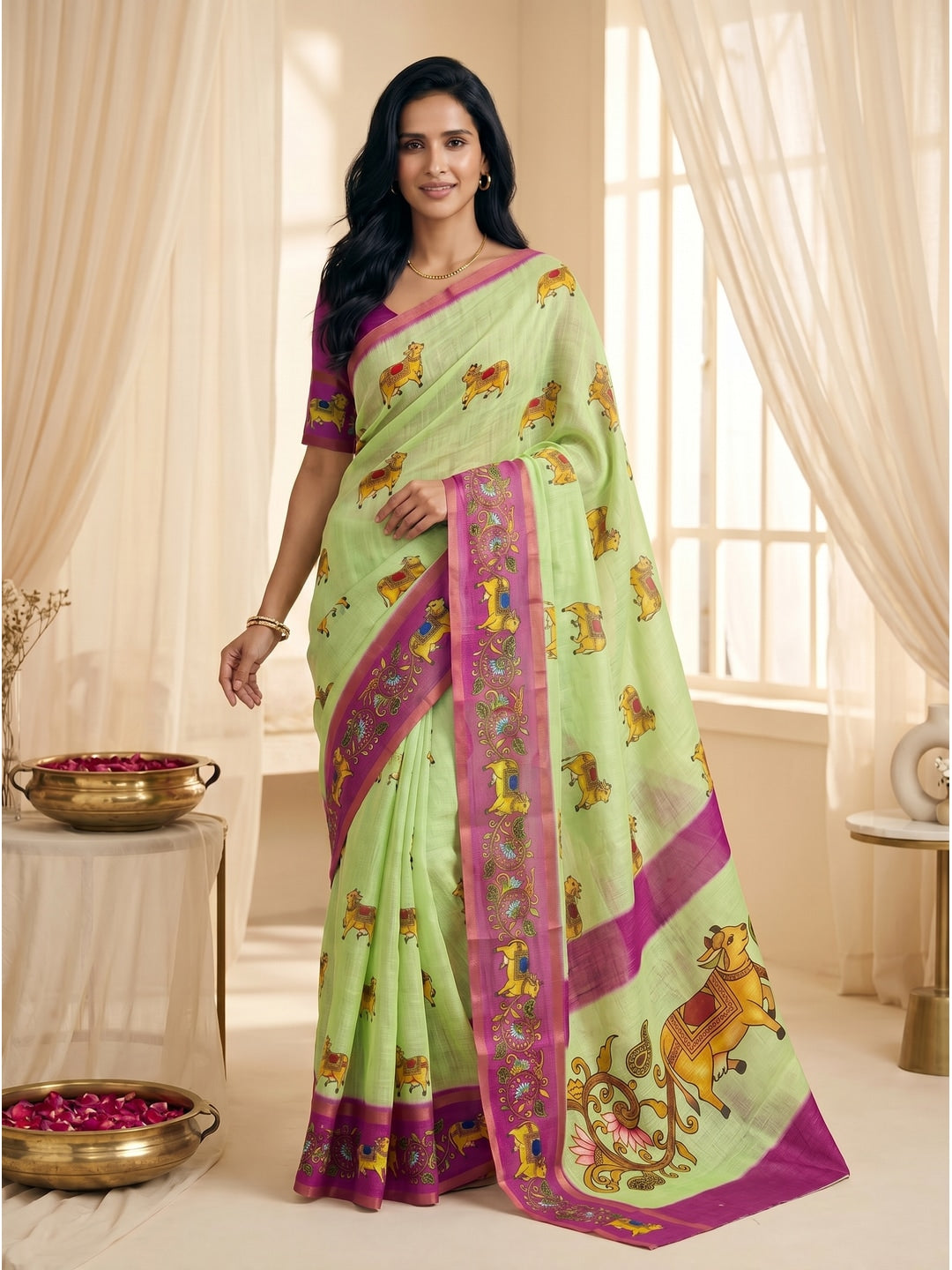Peachmode Light Green Cow Printed Linen Cotton Saree - Image 2