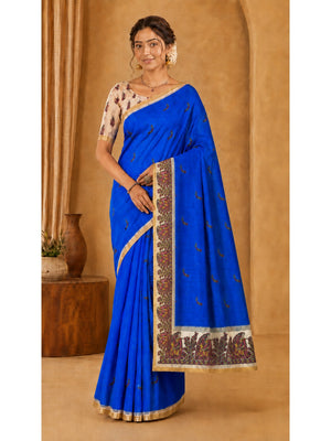 Peachmode Blue Ethnic Printed Linen Cotton Saree - Image 1