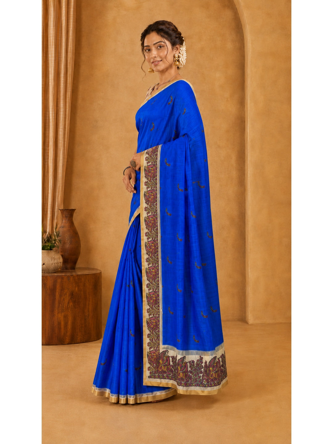 Peachmode Blue Ethnic Printed Linen Cotton Saree - Image 3