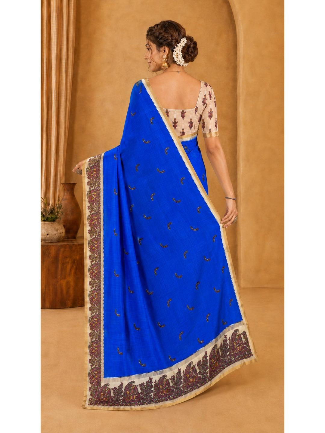 Peachmode Blue Ethnic Printed Linen Cotton Saree - Image 4