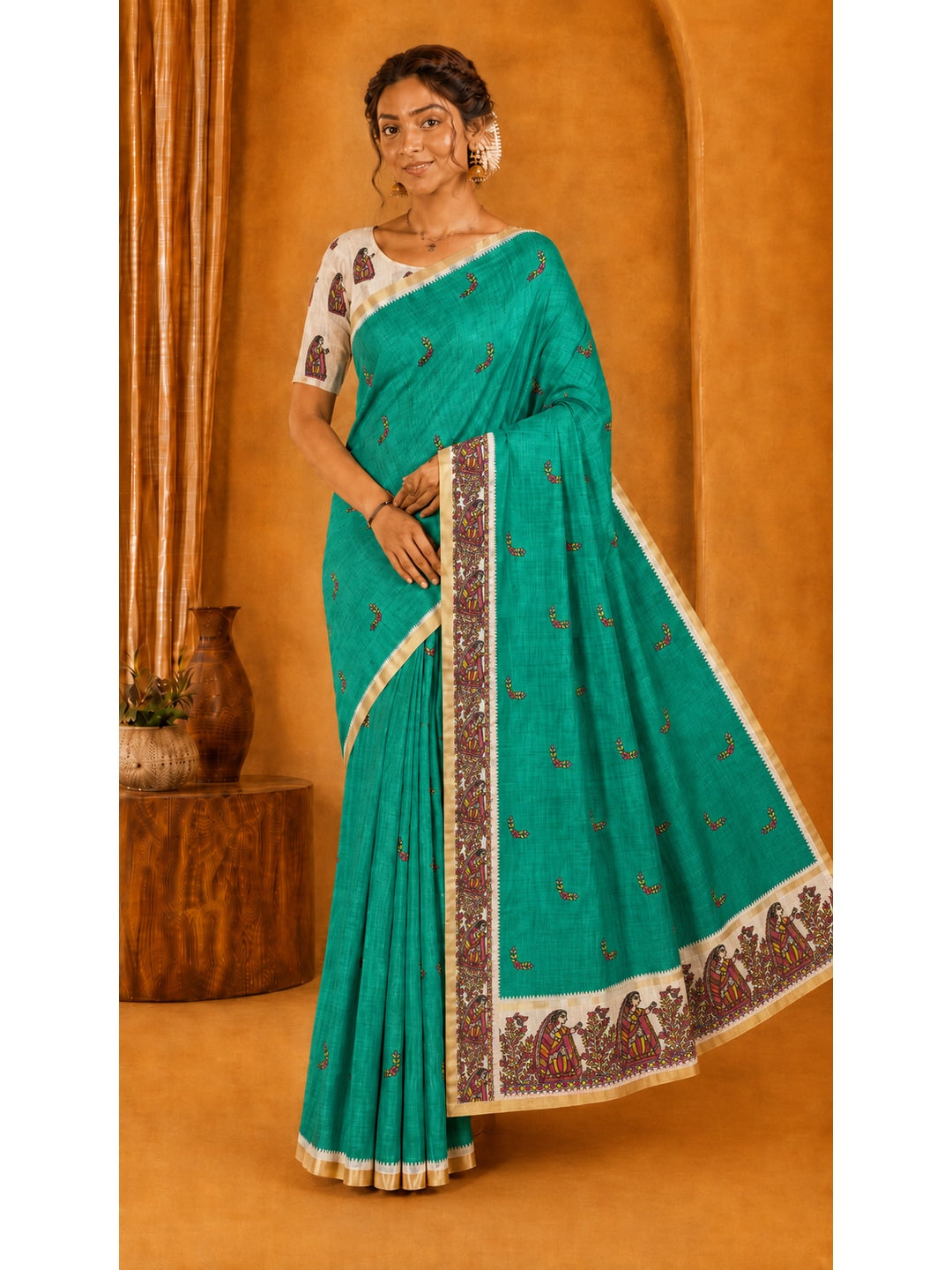 Peachmode Green Ethnic Printed Linen Cotton Saree - Image 2