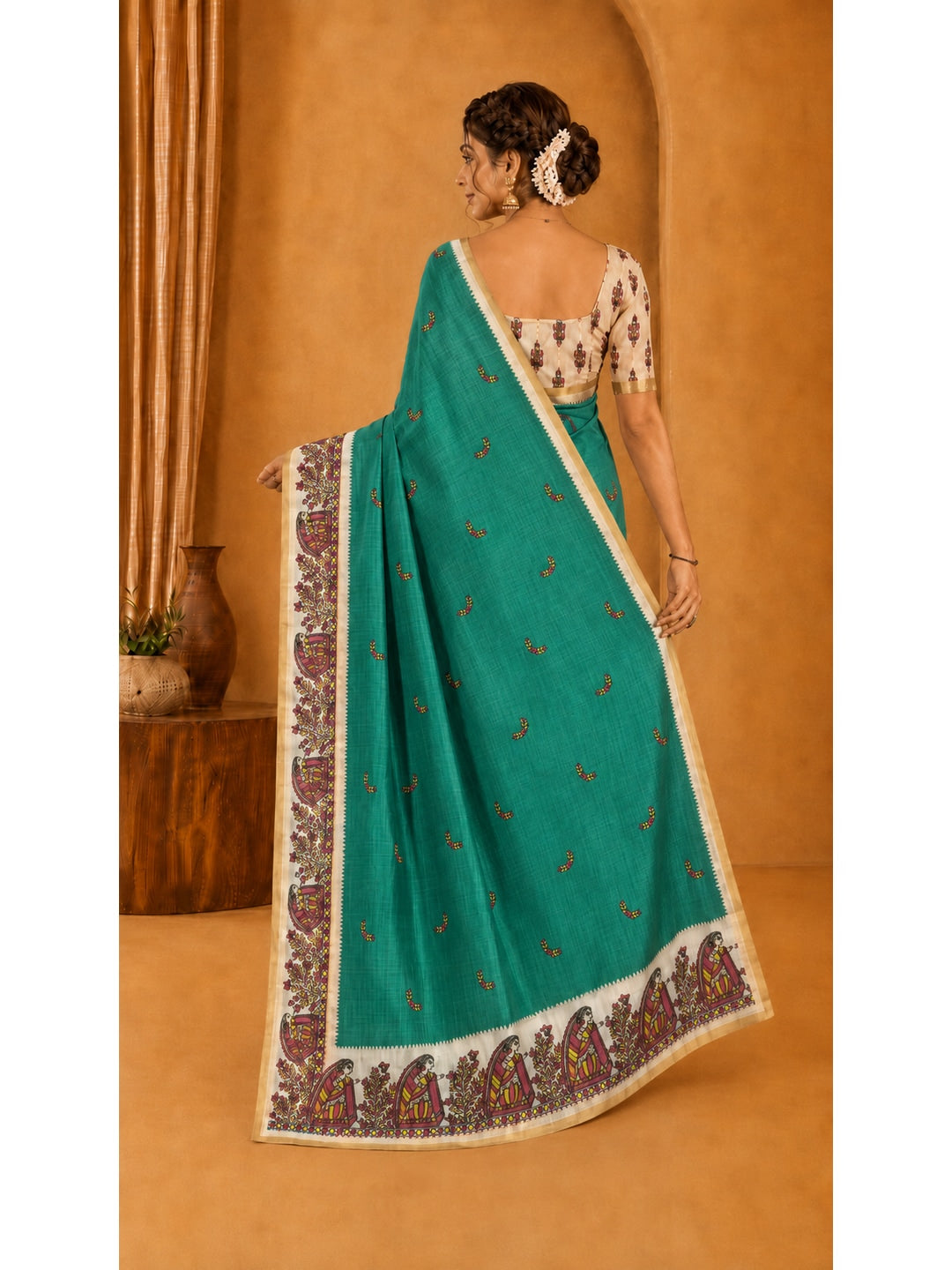 Peachmode Green Ethnic Printed Linen Cotton Saree - Image 4